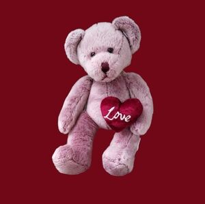 Rare Vintage Russ Berrie Plush Bear Purple with burgundy heart that says ”Love”